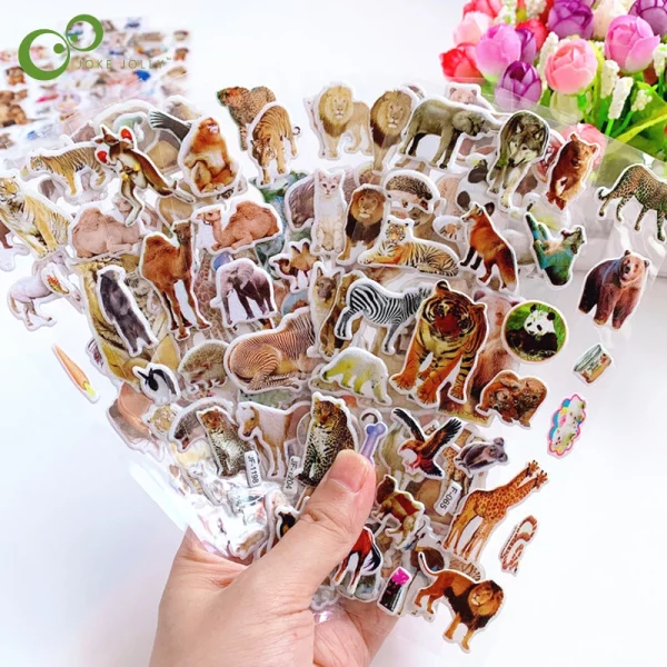Autocollants 3D animaux sauvages, en PVC colorés pour enfants dès 6 an. Lot de 6 feuilles, parfait pour activités créatives, décoration et projets artistiques. Faciles à utiliser et durables !