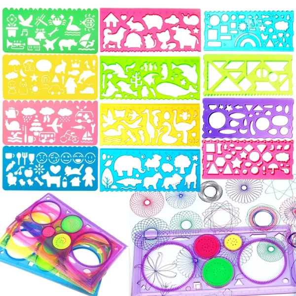 Ensemble de pochoirs et spirographs colorés. Idéal pour les enfants de 3 à 12 ans, stimule la créativité, le développement artistique et la motricité fine. Fabriqué en plastique ABS de haute qualité.