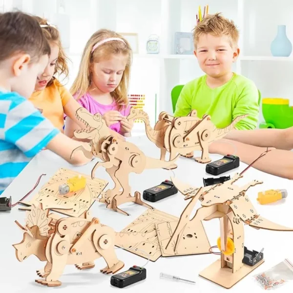 Un kit STEM interactif qui permet aux enfants de construire et personnaliser 4 dinosaures en bois tout en développant leurs compétences scientifiques et artistiques. Certifié CE.