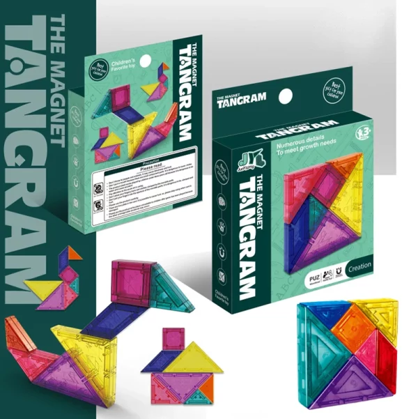 Puzzle Tangram coloré magnétique : jeu éducatif Montessori. Stimule créativité, logique et motricité fine. Matériau sûr et durable, idéal dès 9 ans.