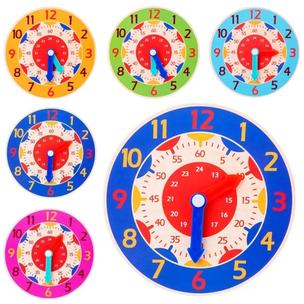 Horloge en bois colorée Montessori colorée, idéale pour apprendre les chiffres et  l'heure dès 3 ans. Durable, sûre et parfaite pour l'éveil éducatif.