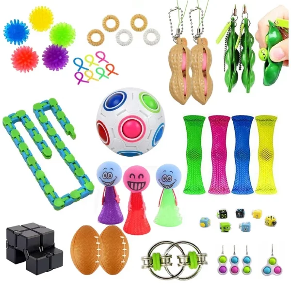 Divers Fidget à choix. Jouets sensoriels anti-stress dès 6 ans, amusants et relaxants : balles, cubes, cordes extensibles. Sûrs, compacts et certifiés CE.