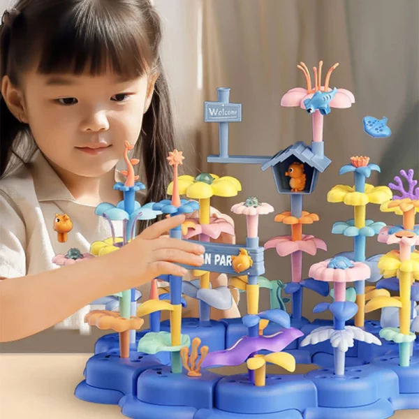 Jouet de construction jardin de fleurs pour enfants 3-12 ans. Stimule créativité, motricité fine et imagination. Sûr, éducatif et certifié CE.