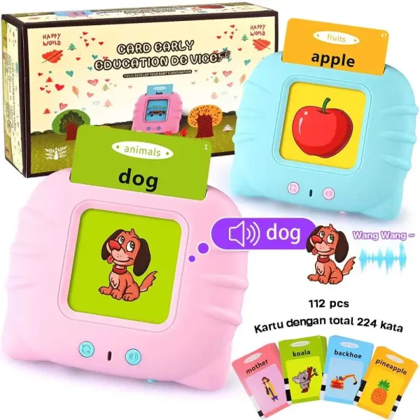 Machine à cartes éducative parlante pour enfants 3+ avec 112 cartes et 224 mots pour apprendre l'anglais. Stimule les compétences linguistiques avec sons réalistes et apprentissage interactif. Rechargeable et facile à utiliser !