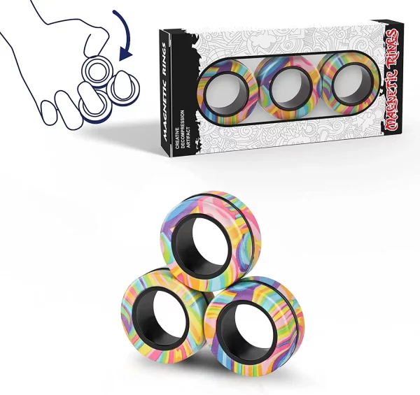 Bagues magnétiques fidget colorées, anti-stress et amusantes. Améliore concentration et relaxation. Adapté pour enfants, adolescents et adultes.