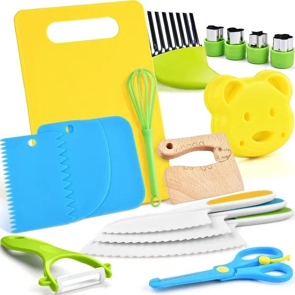 Ensemble d'ustensiles de cuisine Montessori pour enfants, avec couteaux sécurisés et outils éducatifs. Stimule la créativité, développe la motricité fine et permet une cuisine en toute sécurité pour les tout-petits ! Matière plastique.