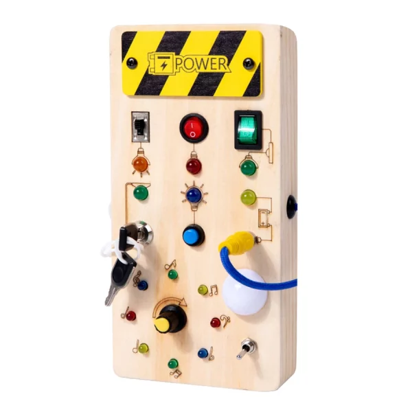 Tableau d’activités Montessori en bois avec interrupteurs LED, idéal pour développer la logique et les compétences pratiques des enfants dès 3 ans. Jouet éducatif parfait pour les voyages.