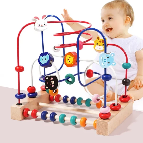 Jouet Montessori en bois pour enfants, avec labyrinthe de perles et puzzle éducatif. Idéal pour développer la motricité fine, la logique et les compétences mathématiques dès 16 mois.