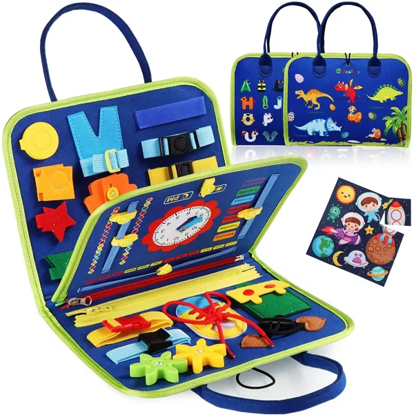 Mallette Montessori pour enfants avec 16 activités sensorielles et motrices (lacets, boucles, engrenages). Stimule l’autonomie et la coordination œil-main. Jouet éducatif idéal dès 3 ans.