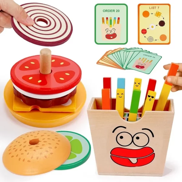 Jouet à empiler en bois Montessori pour enfants dès 2 ans. Créez des hamburgers et sandwiches tout en développant motricité et créativité. Certifié CE.