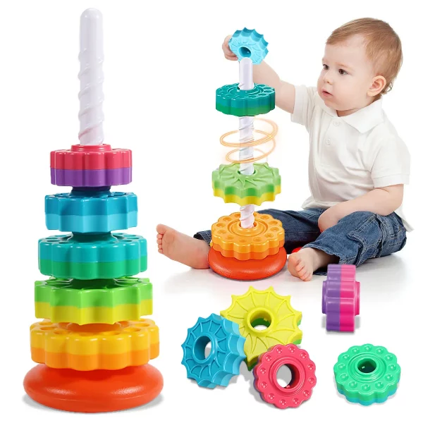 Jouet éducatif de développement Montessori rotatif pour enfants de 0 à 4 ans. Stimule la reconnaissance des couleurs, la coordination œil-main et la motricité fine. 