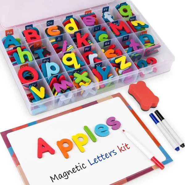 Alphabet magnétique éducatif avec lettres et chiffres magnétiques colorés, tableau double face inclus. Parfait pour apprendre l’orthographe et les mathématiques dès 3 ans.