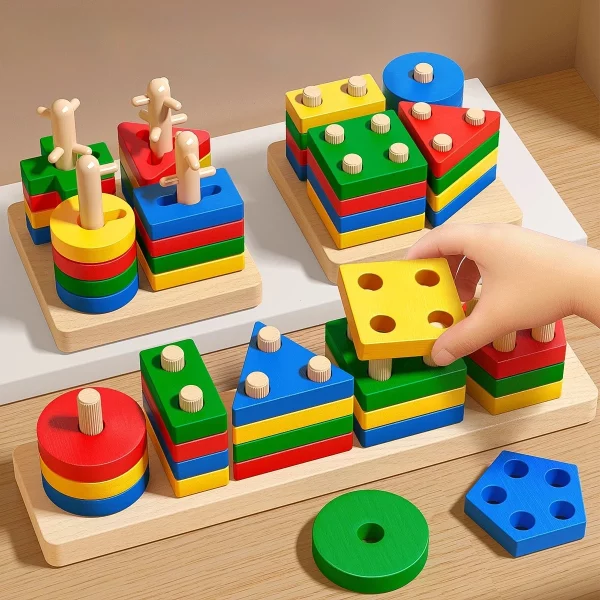 Jouets Montessori en bois pour apprendre les formes et les couleurs tout en développant la motricité fine et la concentration. Idéal pour les 3 à 6 ans. Certifié CE.