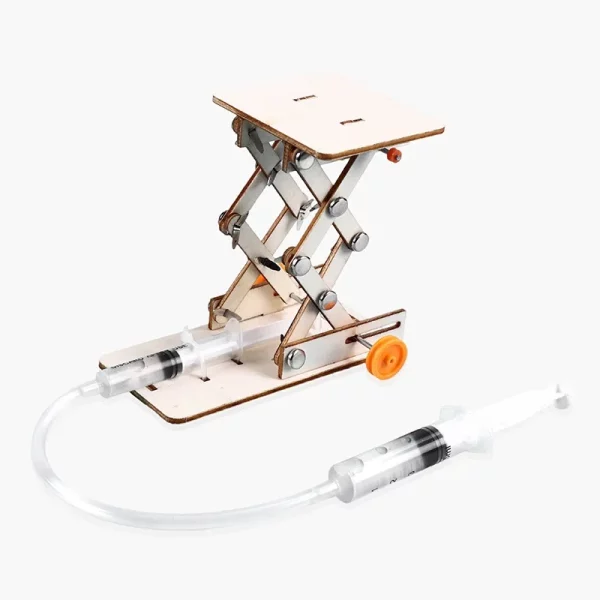 Kit de construction d'un cric hydraulique STEM en bois pour apprendre la physique et l’hydraulique dès 9 ans. Jouet éducatif, durable et idéal pour le bricolage.