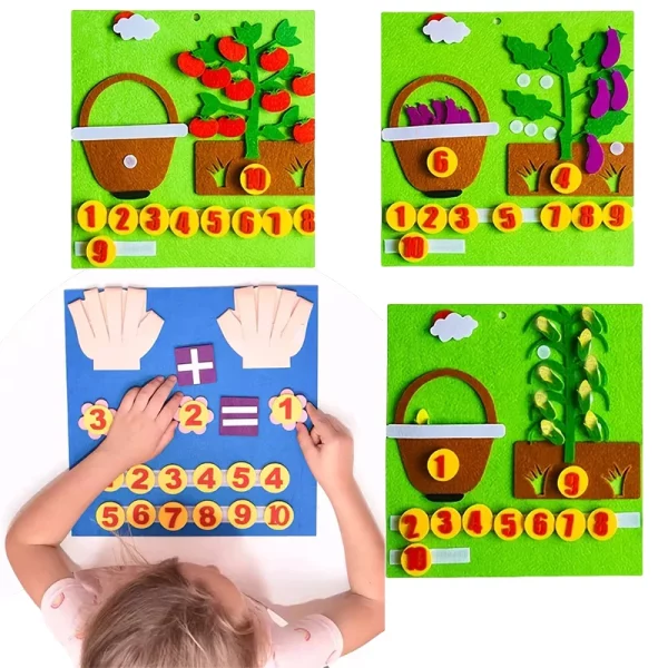 Jeu mathématique Montessori interactive en tissu, idéale pour apprendre l'addition, la soustraction et développer la logique des enfants. Un jouet éducatif ludique et pédagogique ayant comme supports différents thèmes: tomates, mains, aubergines, maïs.  