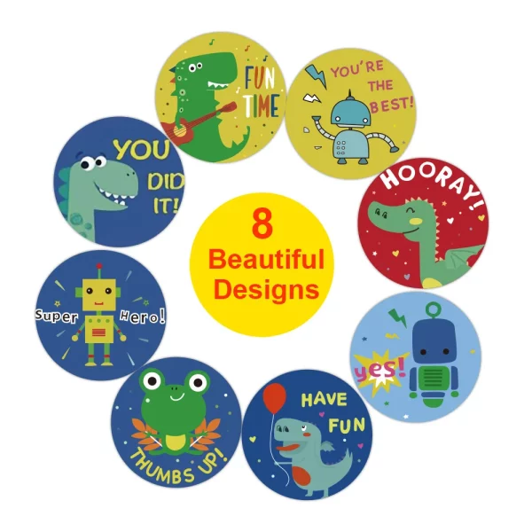 Autocollants de récompenses ou encouragements  à motifs robots ou animaux, 2,5 cm, parfaits pour écoles, cadeaux et projets DIY. Disponibles en 100, 300 ou 500 pièces, idéaux pour décorer et remercier ! Textes en anglais. 