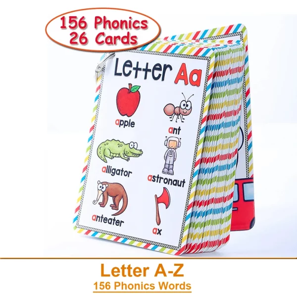 Cartes éducatives en anglais avec 26 lettres et 156 phonèmes, accompagnées de dessins attrayants. Idéales pour initier les enfants de 3 à 12 ans à l’alphabet et aux sons de manière ludique et interactive !