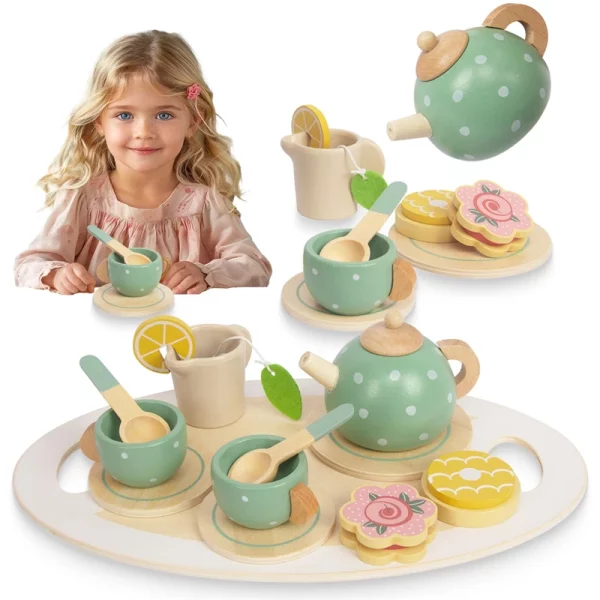 Service à thé en bois Montessori : stimule l’imagination, les compétences sociales et l’apprentissage sensoriel des enfants dès 2 ans. Parfait pour des jeux d’imitation ludiques et éducatifs. Certifié CE.