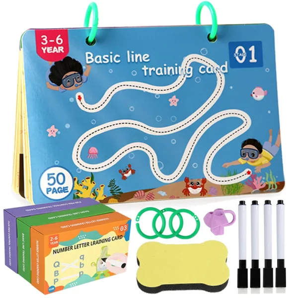 Livre éducatif pour enfants 3+ ans avec 52 pages interactives sur des thèmes à choix. Idéal pour développer la motricité fine et préparer à l’écriture. Certifié CE et non toxique.