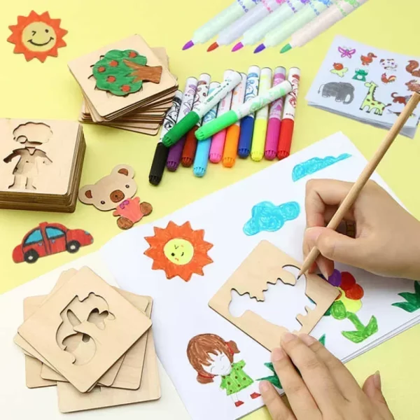 Les pochoirs en bois Montessori permettent aux enfants de créer des motifs captivants tout en développant leur créativité et leur motricité fine. 20 pièces. Fabriqués en bois durable, ces pochoirs éducatifs sont parfaits pour des activités artistiques dès 3 ans.