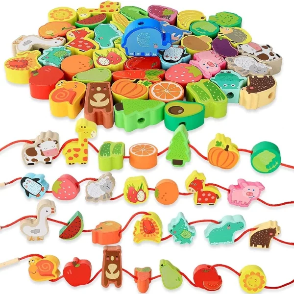 Formes en bois à enfiler Montessori, jeu éducatif pour développer la motricité fine, la coordination et l’apprentissage des couleurs. Enfants dès 2 ans.