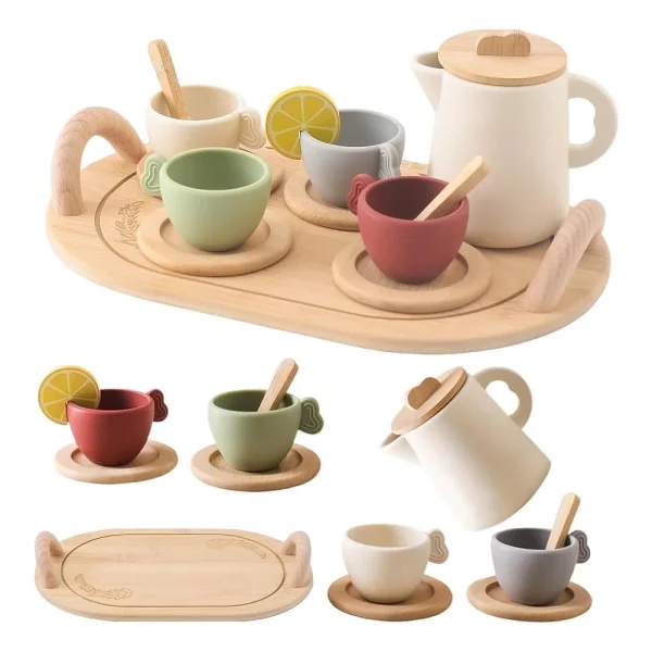 Service à thé en bois Montessori, jeu d'imitation idéal pour stimuler l'imagination et la motricité fine des enfants. Parfait pour les jeux de rôle.