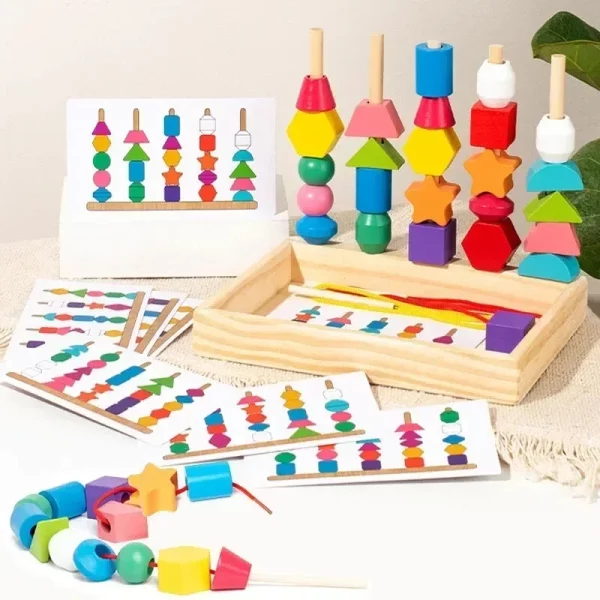 Jeu Montessori en bois pour apprendre les couleurs et les formes. Puzzle éducatif avec perles colorées pour développer la motricité fine et la logique. Certifié CE, idéal dès 3 ans.