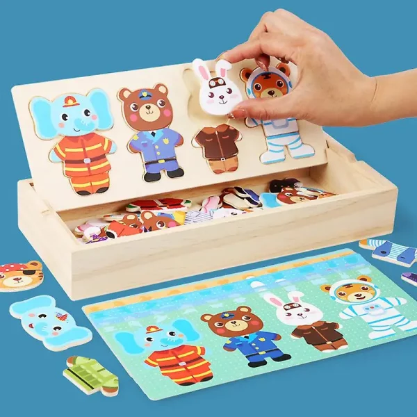 Puzzle d’habillage en bois Montessori. Un jeu éducatif pour apprendre les couleurs, les émotions et développer la motricité fine. Format pratique avec boîte de rangement. Certifié CE, idéal dès 3 ans.