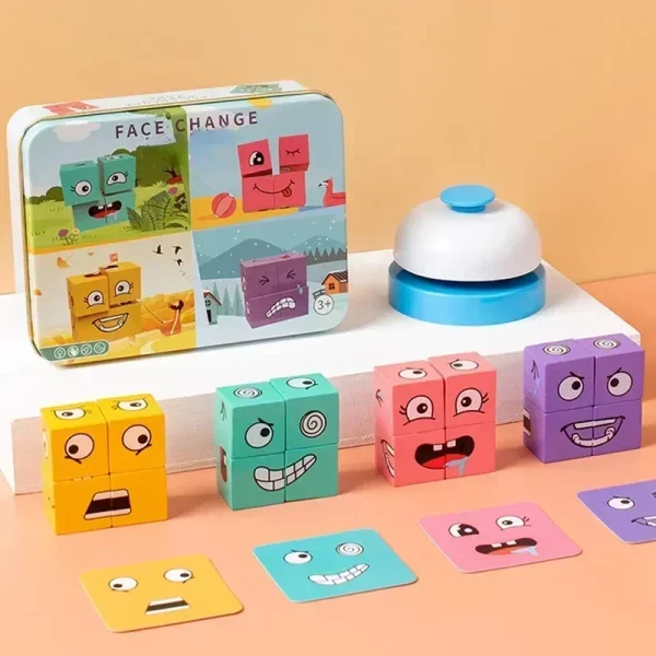 Jeu de blocs changement de visages en bois, inspiré Montessori. Un puzzle éducatif et amusant pour observer et reproduire les expressions. Jeu de société ludique pour enfants et familles.