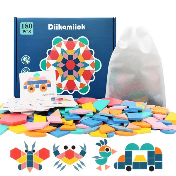 Tangram en bois de 180 pièces colorées, jeu éducatif Montessori pour enfants dès 3 ans. Développe la logique, la motricité et la reconnaissance des formes géométriques. Certifié CE.