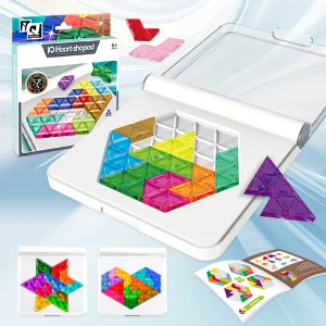 Jeu de logique 2D sans aimant dès 6 ans. Reconstituez une étoile, un hexagone ou un cœur avec des pièces colorées. Format compact, idéal pour voyager.