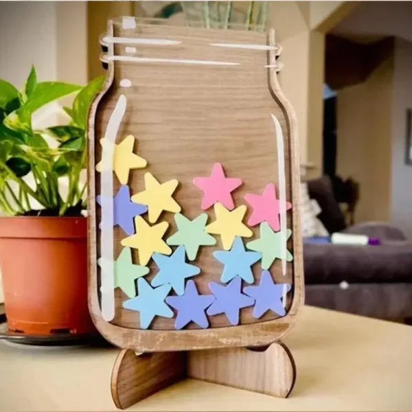 Pot de récompense avec 25 étoiles pour enfants. Encourage les bonnes habitudes et la motivation à la maison ou en classe. Idéal dès 4 ans.