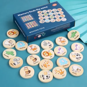 Jeu de memory en bois dès 3 ans. Associe les paires de dessins pour développer mémoire, concentration et langage. Jouet Montessori éducatif.