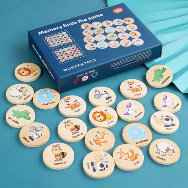 Jeu de memory en bois dès 3 ans. Associe les paires de dessins pour développer mémoire, concentration et langage. Jouet Montessori éducatif.